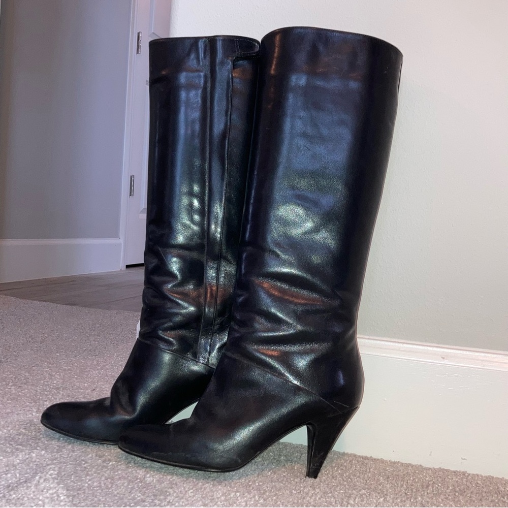 Antonio Moreno Tall Black Leather Women’s Boots Pointed Toe High Heel Spain